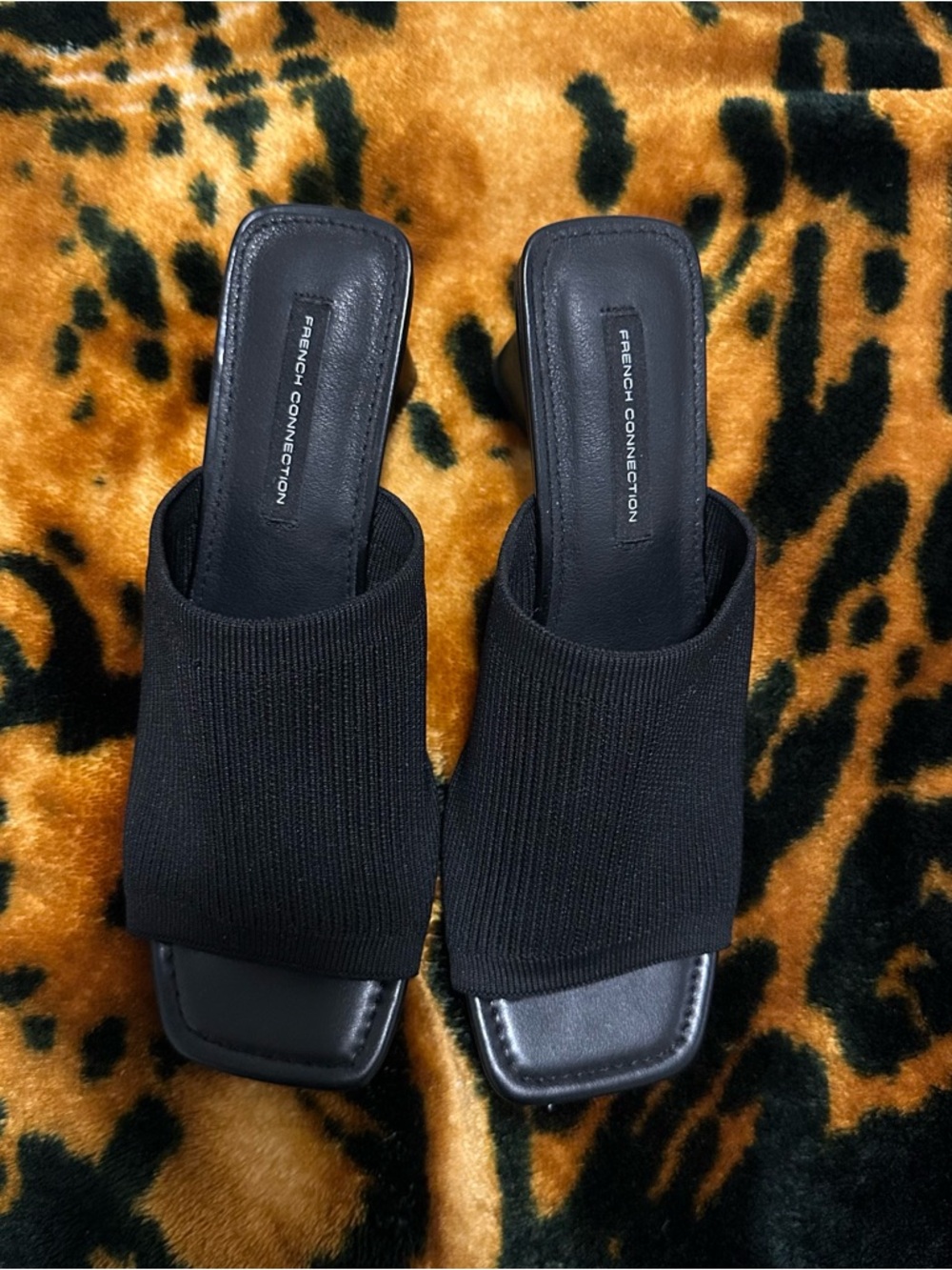 French Connection Black Knit Mule Slides with Square Toe